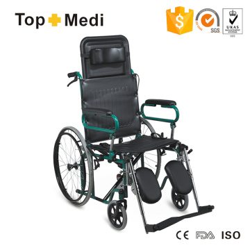 Silla de ruedas de acero reclinable manual liviana con respaldo alto y cojín para el cuello